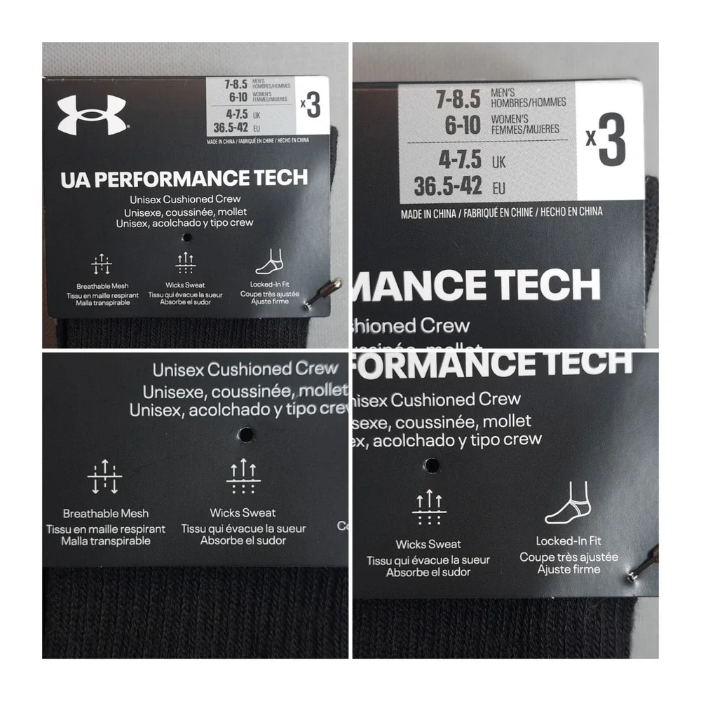 Under Armour 3 Pairs Unisex Cushioned Crew Socks Black/Gray M 7-8.5‎ W 6-10
